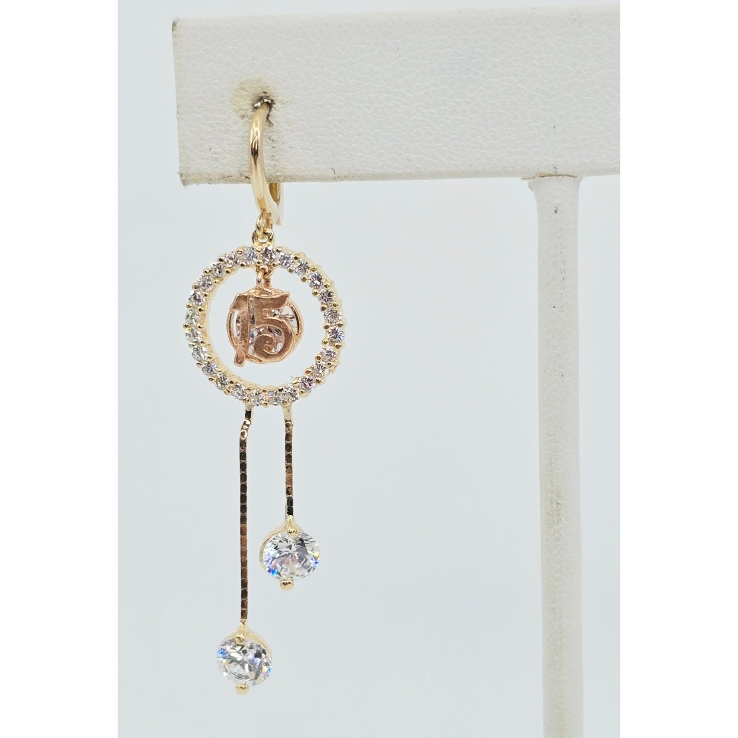14K Two Tone Gold Dangle Drop Hanging 15 Anos CZ Hinged Earrings