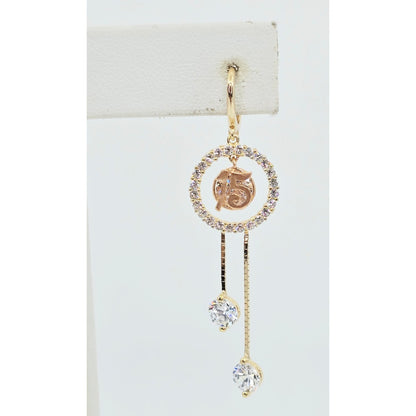 14K Two Tone Gold Dangle Drop Hanging 15 Anos CZ Hinged Earrings