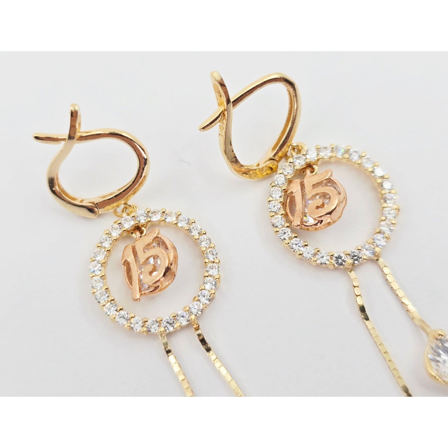 14K Two Tone Gold Dangle Drop Hanging 15 Anos CZ Hinged Earrings