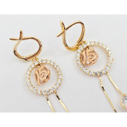 14K Two Tone Gold Dangle Drop Hanging 15 Anos CZ Hinged Earrings