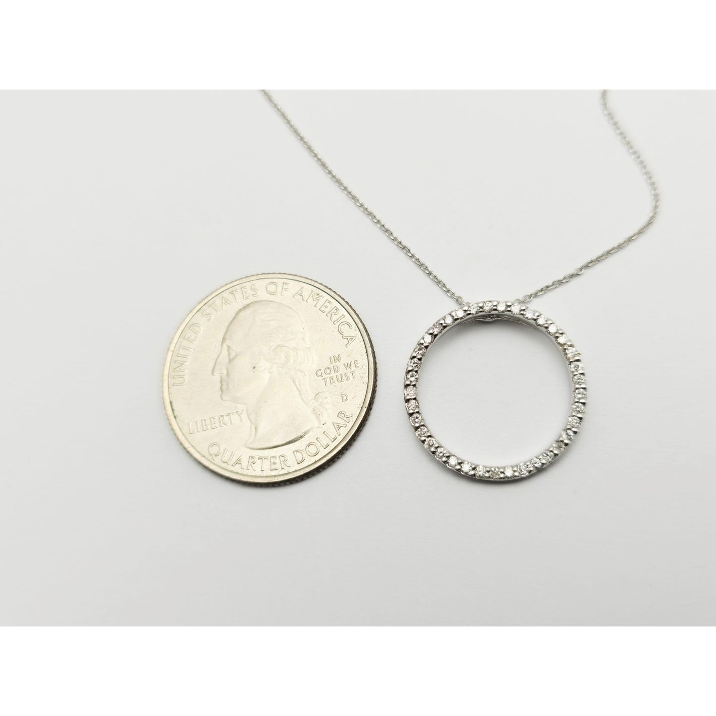 18K White Gold Cable Link Chain Necklace & Diamond Round Open Hole Charm Pendant