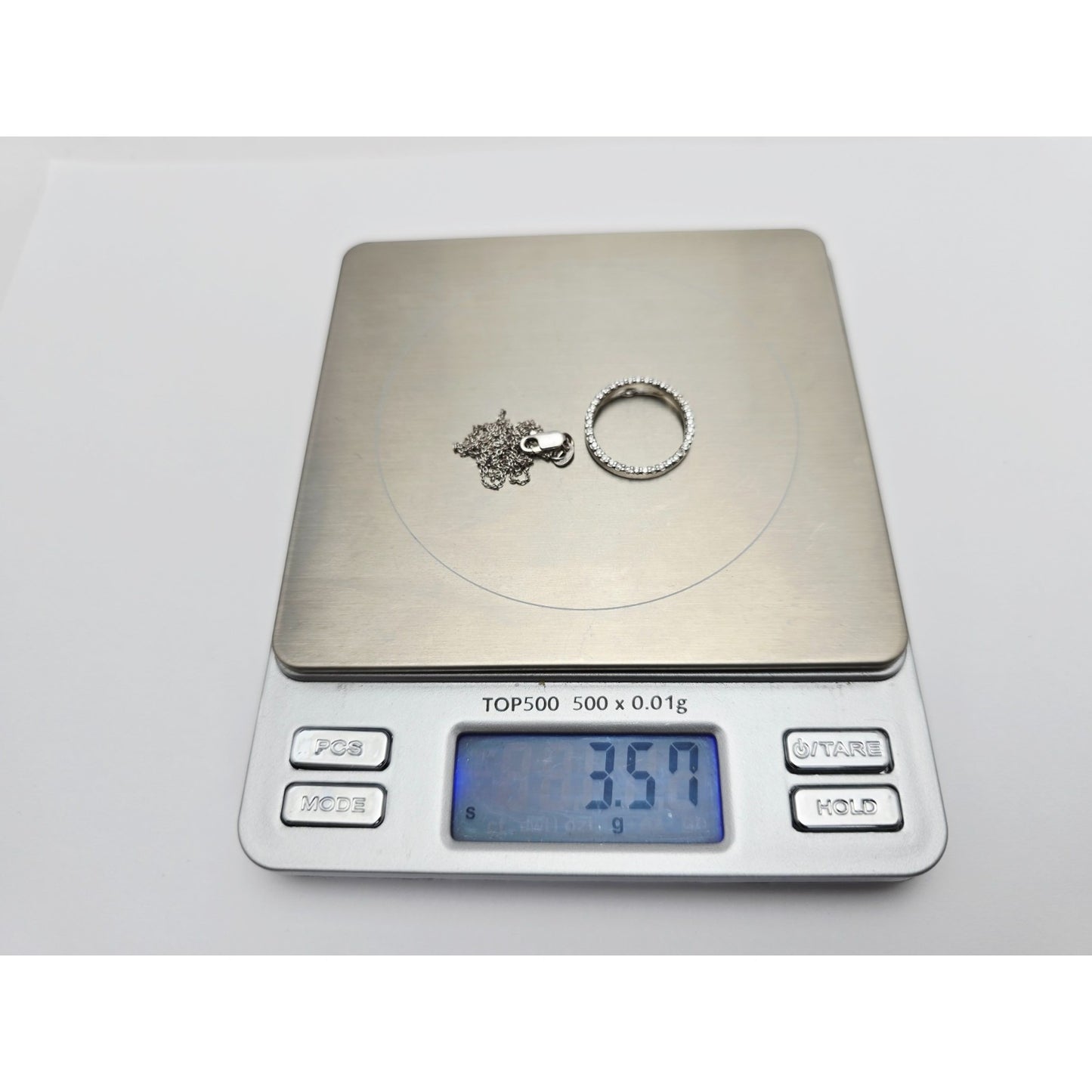 18K White Gold Cable Link Chain Necklace & Diamond Round Open Hole Charm Pendant