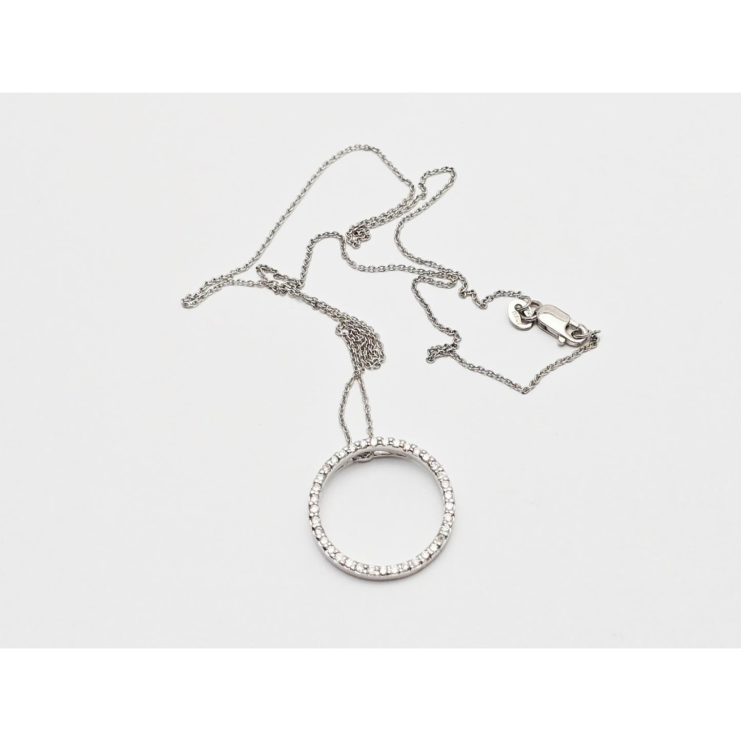 18K White Gold Cable Link Chain Necklace & Diamond Round Open Hole Charm Pendant