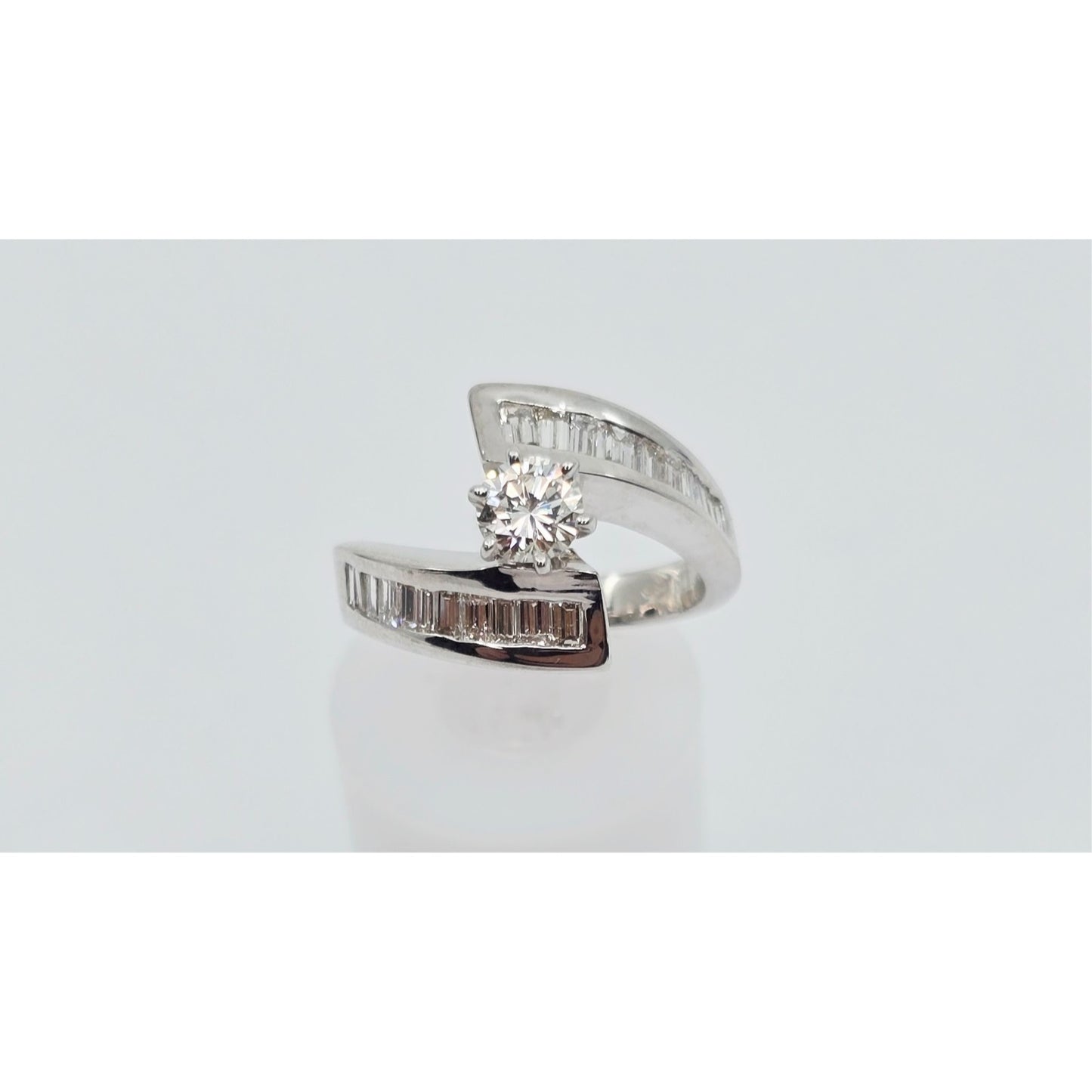 14K White Gold Round & Baguette Cut Diamond Engagement Ring
