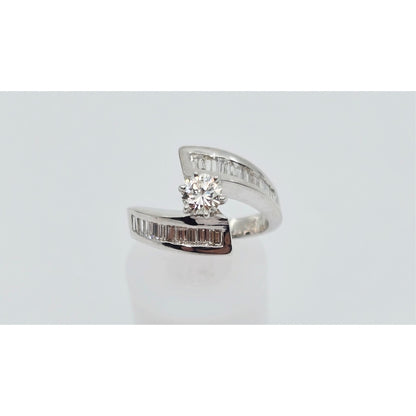 14K White Gold Round & Baguette Cut Diamond Engagement Ring