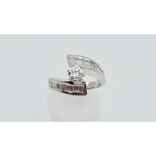 14K White Gold Round & Baguette Cut Diamond Engagement Ring