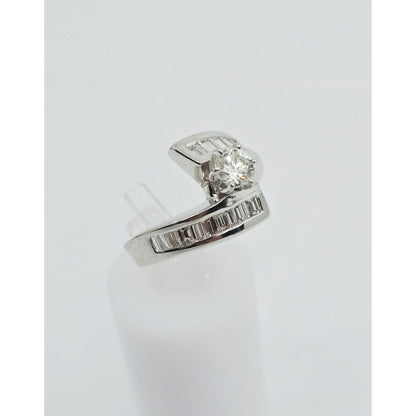14K White Gold Round & Baguette Cut Diamond Engagement Ring
