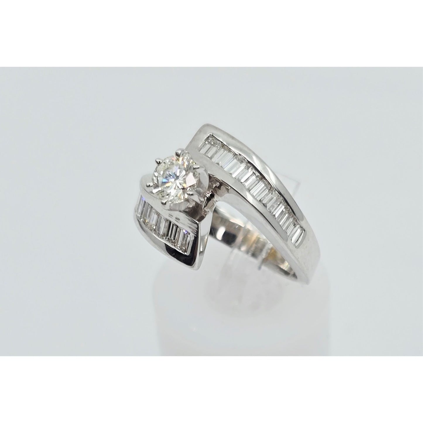 14K White Gold Round & Baguette Cut Diamond Engagement Ring