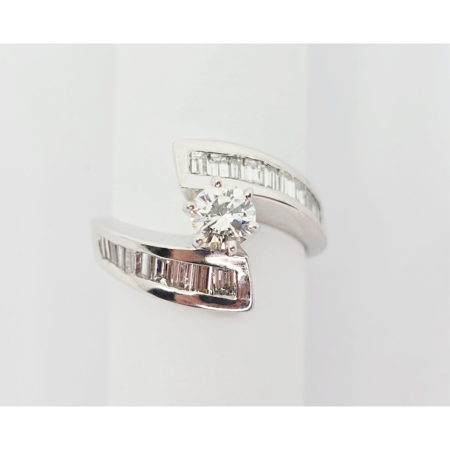 14K White Gold Round & Baguette Cut Diamond Engagement Ring