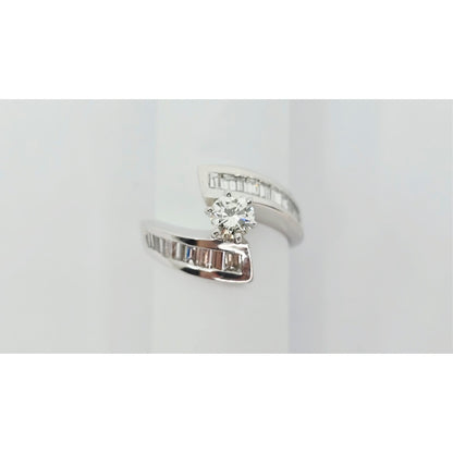 14K White Gold Round & Baguette Cut Diamond Engagement Ring