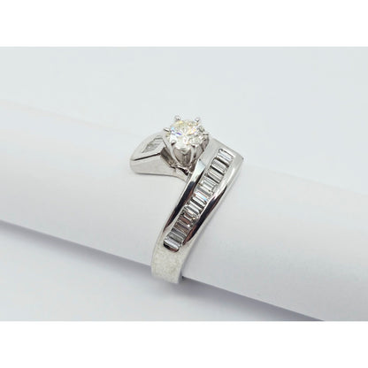 14K White Gold Round & Baguette Cut Diamond Engagement Ring