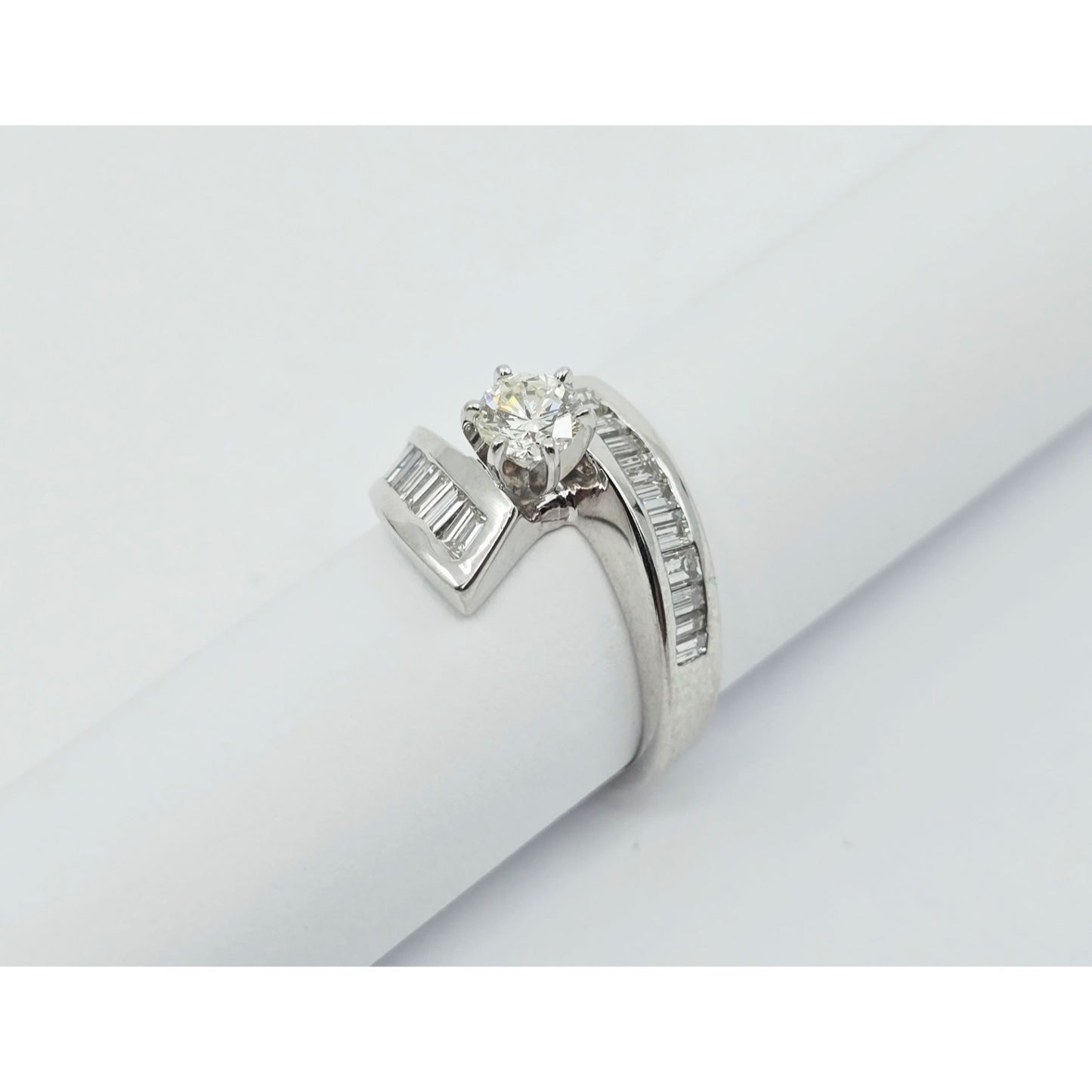 14K White Gold Round & Baguette Cut Diamond Engagement Ring