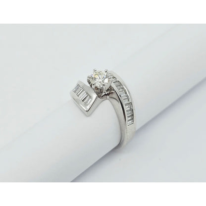 14K White Gold Round & Baguette Cut Diamond Engagement Ring