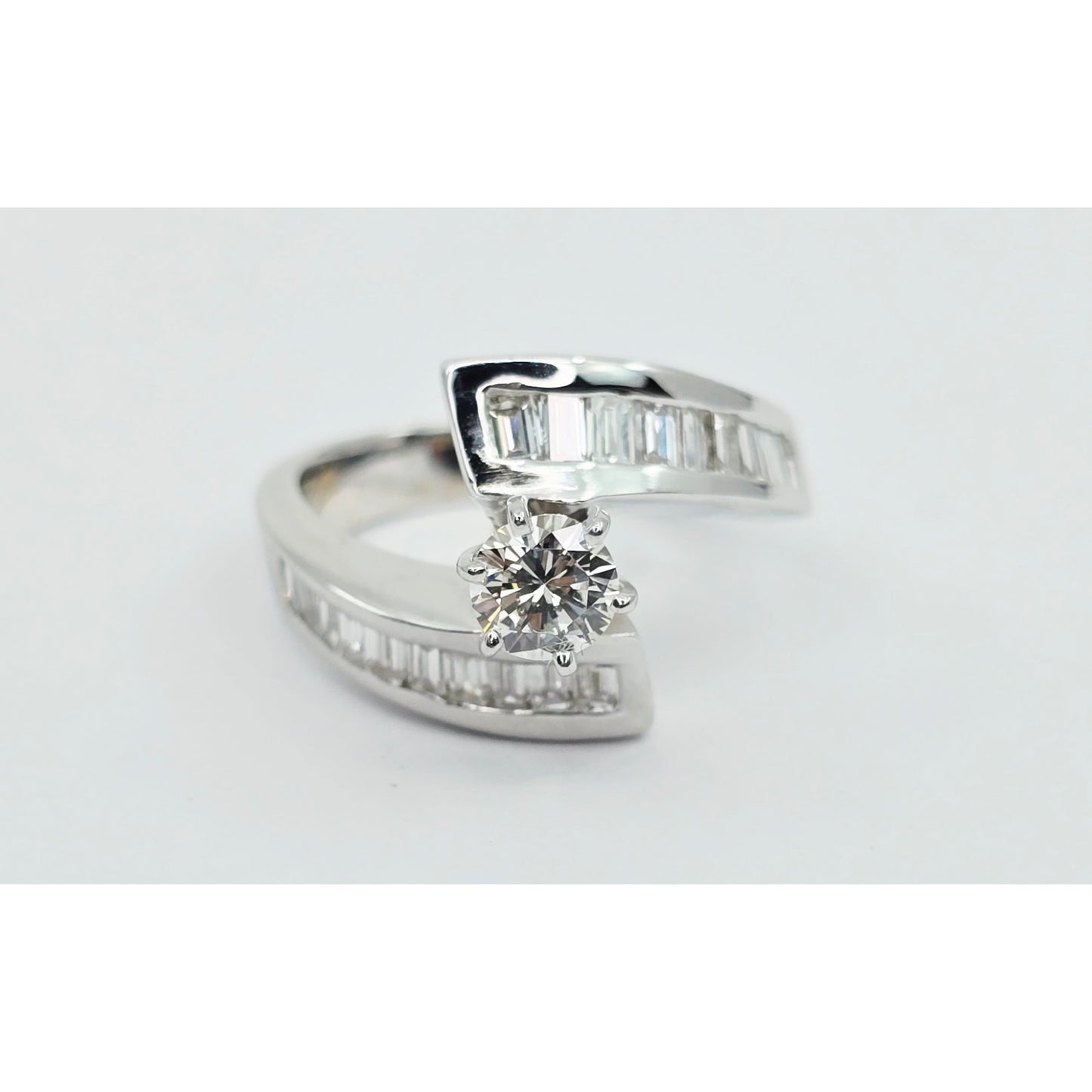 14K White Gold Round & Baguette Cut Diamond Engagement Ring