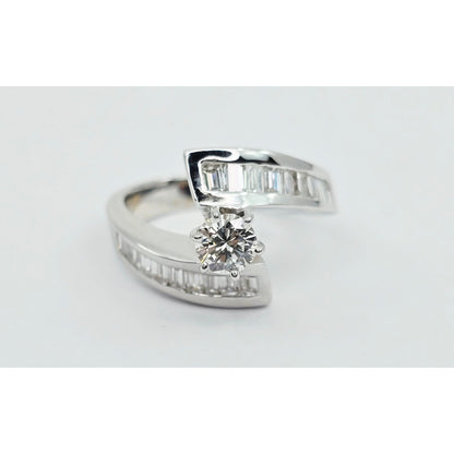 14K White Gold Round & Baguette Cut Diamond Engagement Ring