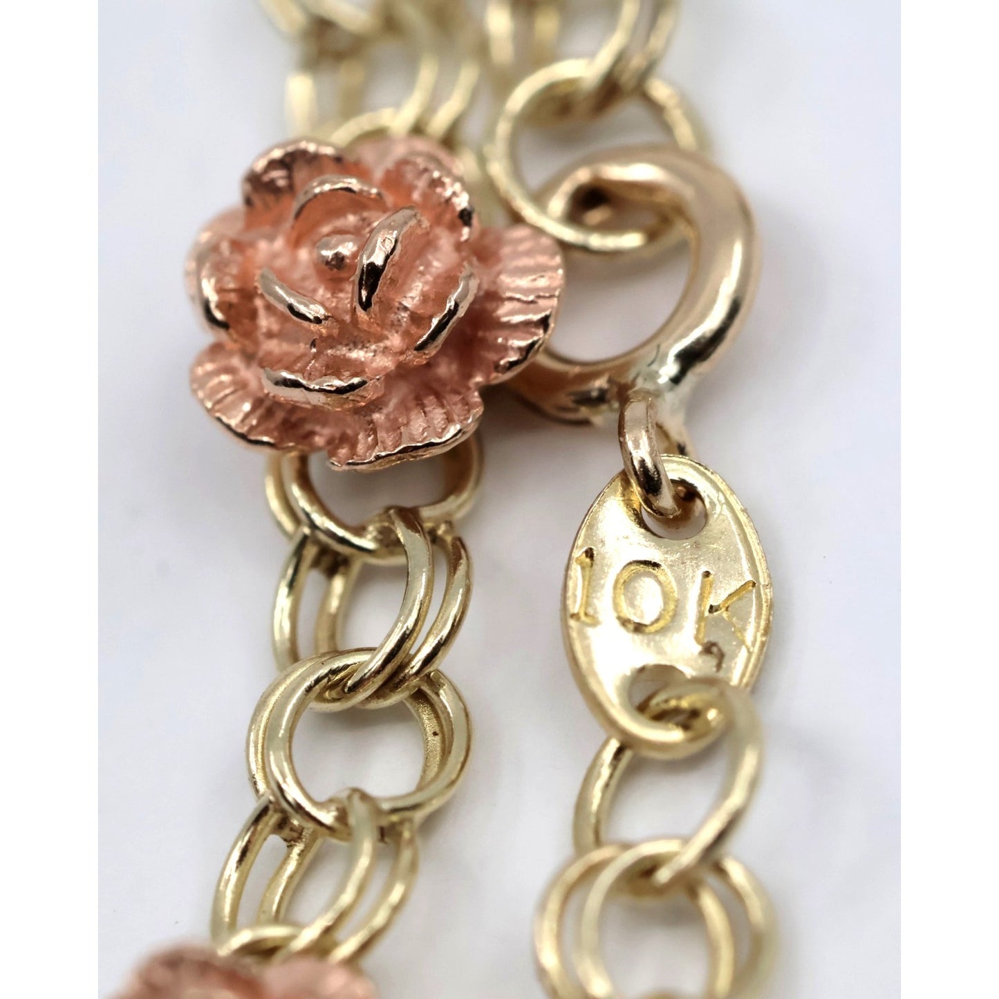 10K Two Tone Gold Flower Rose Petal Link Bracelet
