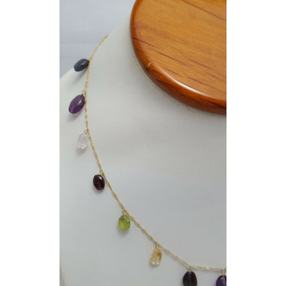 18K Yellow Gold Multi Colored Gemstones Garnet Peridot Amethyst Chain Necklace