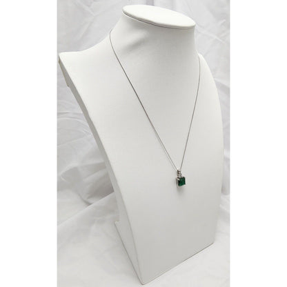 14K White Gold Emerald & Diamond Box Link Chain Necklace