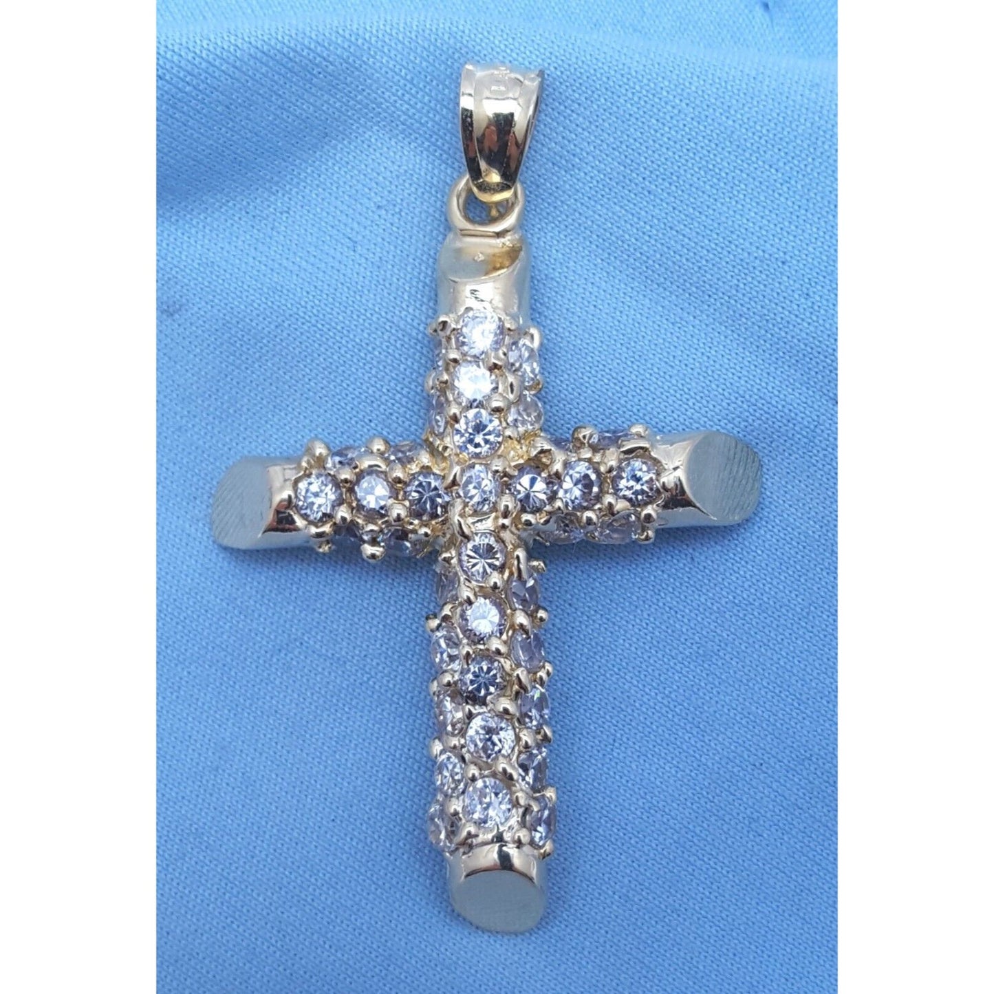 14K Solid Yellow Gold Religious Cubic Zirconia Cross Charm Pendant