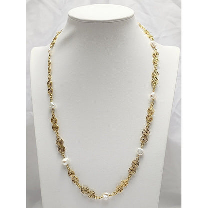 Vintage 18K Yellow Gold Filigree Pearl Link Chain Necklace