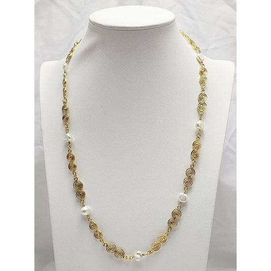 Vintage 18K Yellow Gold Filigree Pearl Link Chain Necklace