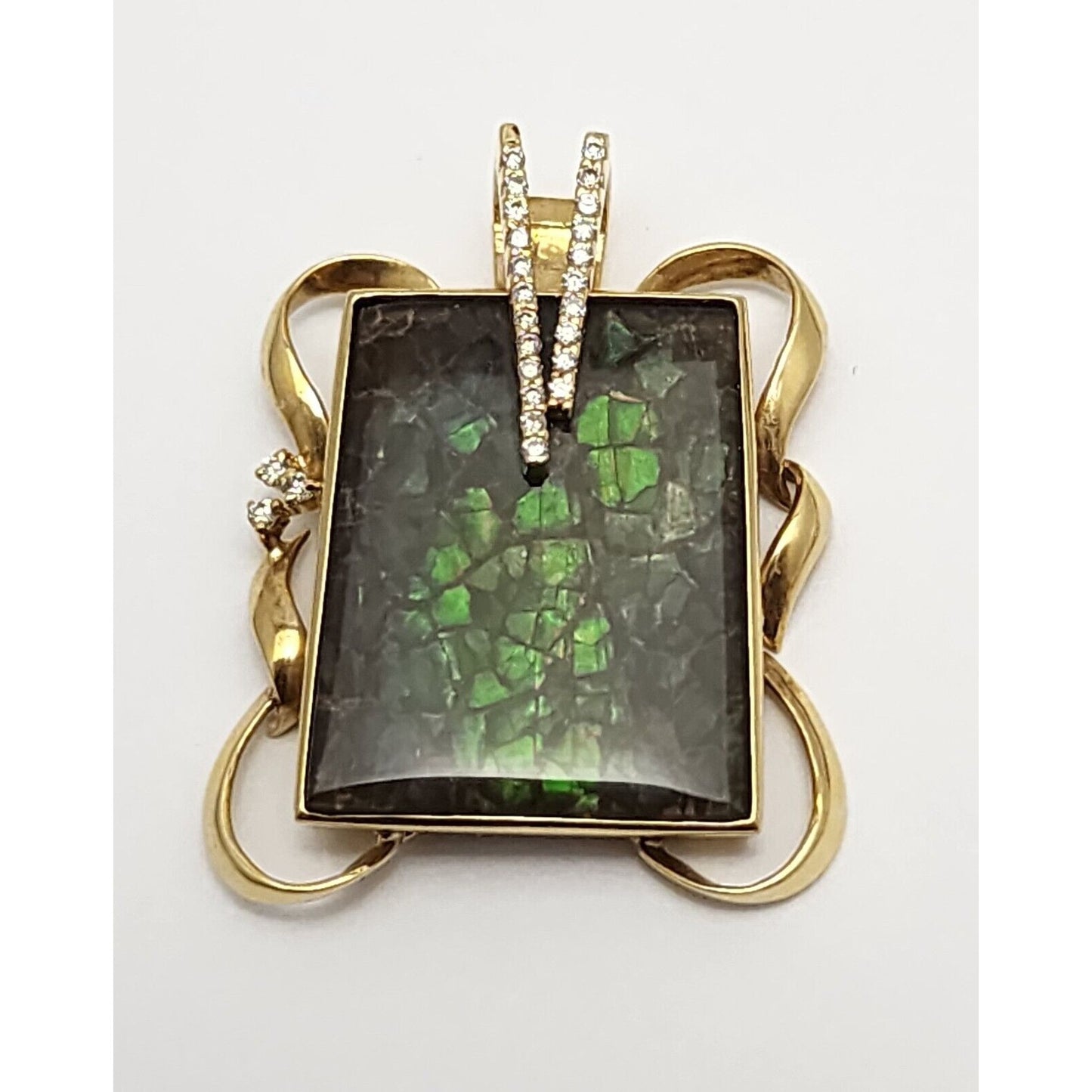 18K Solid Yellow Gold Green Ammolite Fossil & Diamond Charm Pendant