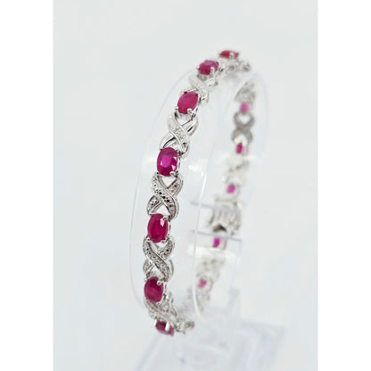 925 Sterling Silver Rhodium Plated Ruby Tennis Link Bracelet
