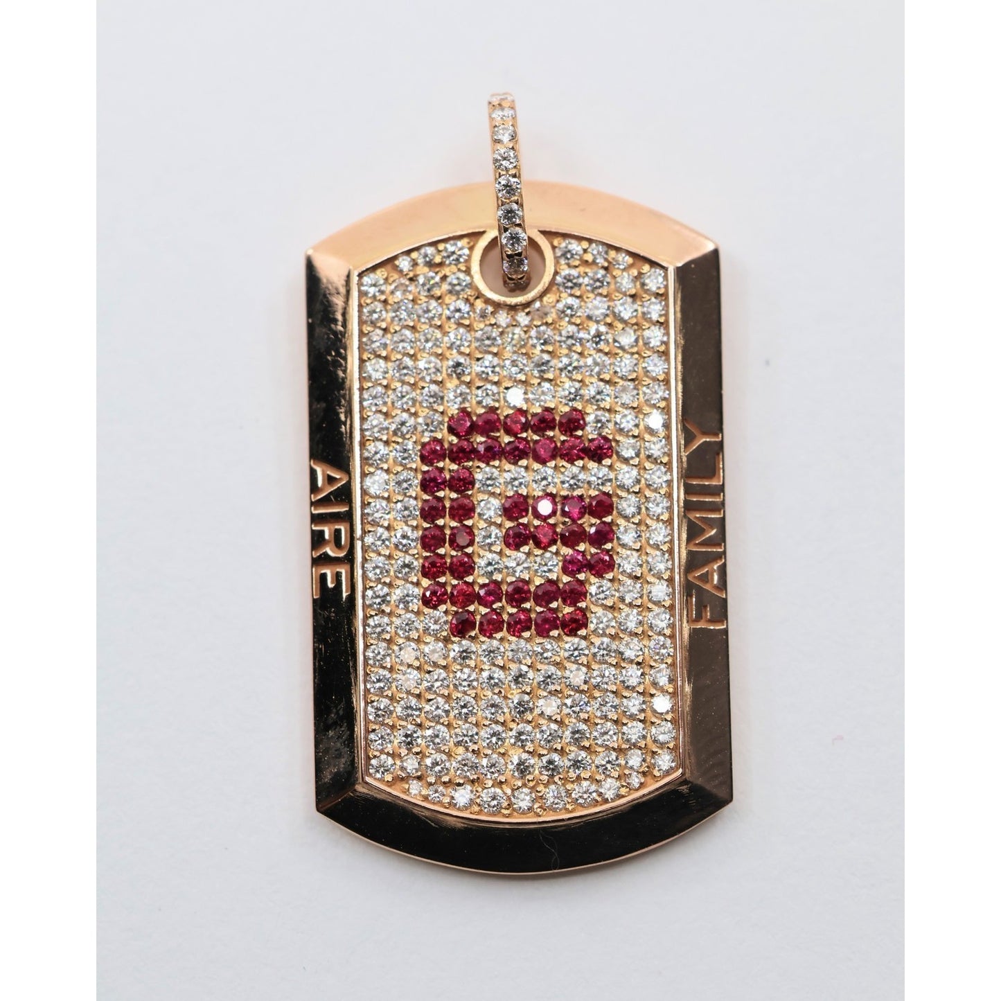 Chris Aire 18K Red Rose Gold Diamond & Ruby " G " Dog Tag Pendant 0.85ct 16.8g