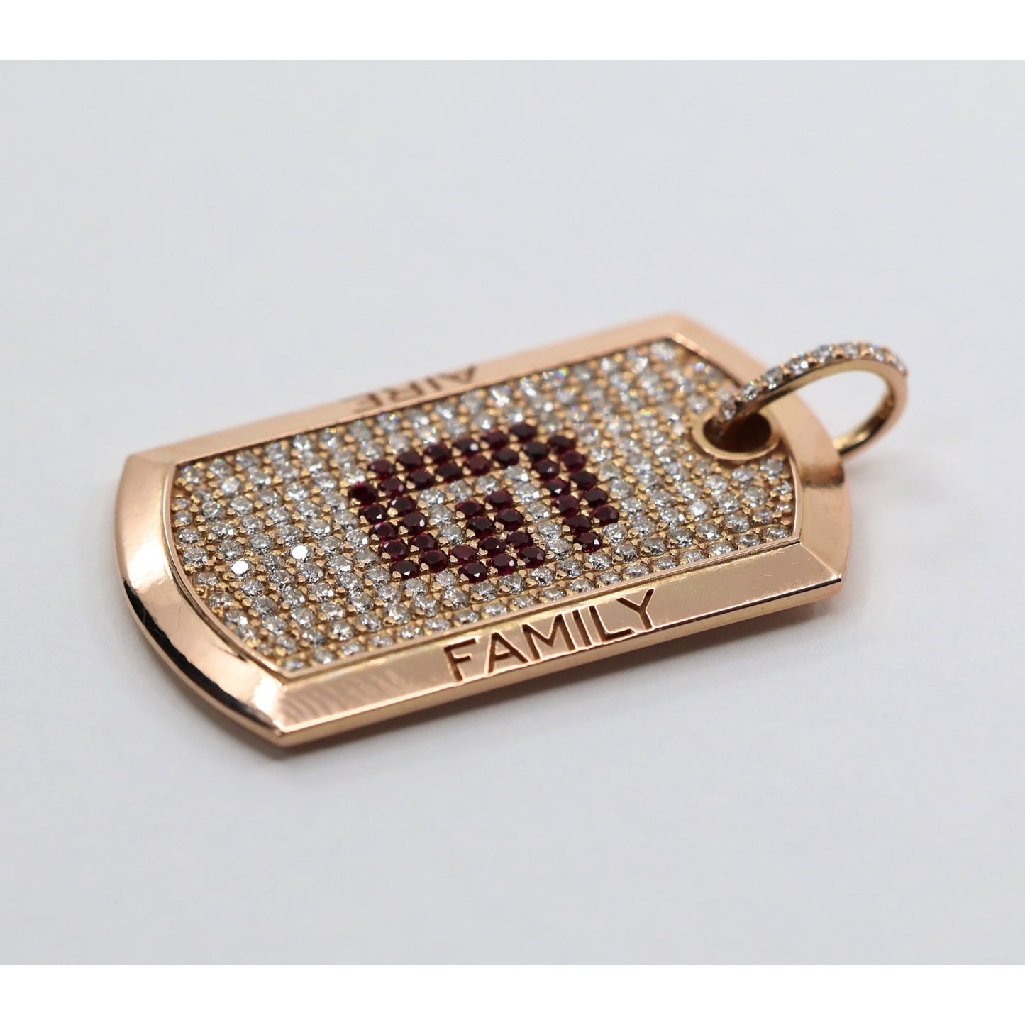 Chris Aire 18K Red Rose Gold Diamond & Ruby " G " Dog Tag Pendant 0.85ct 16.8g