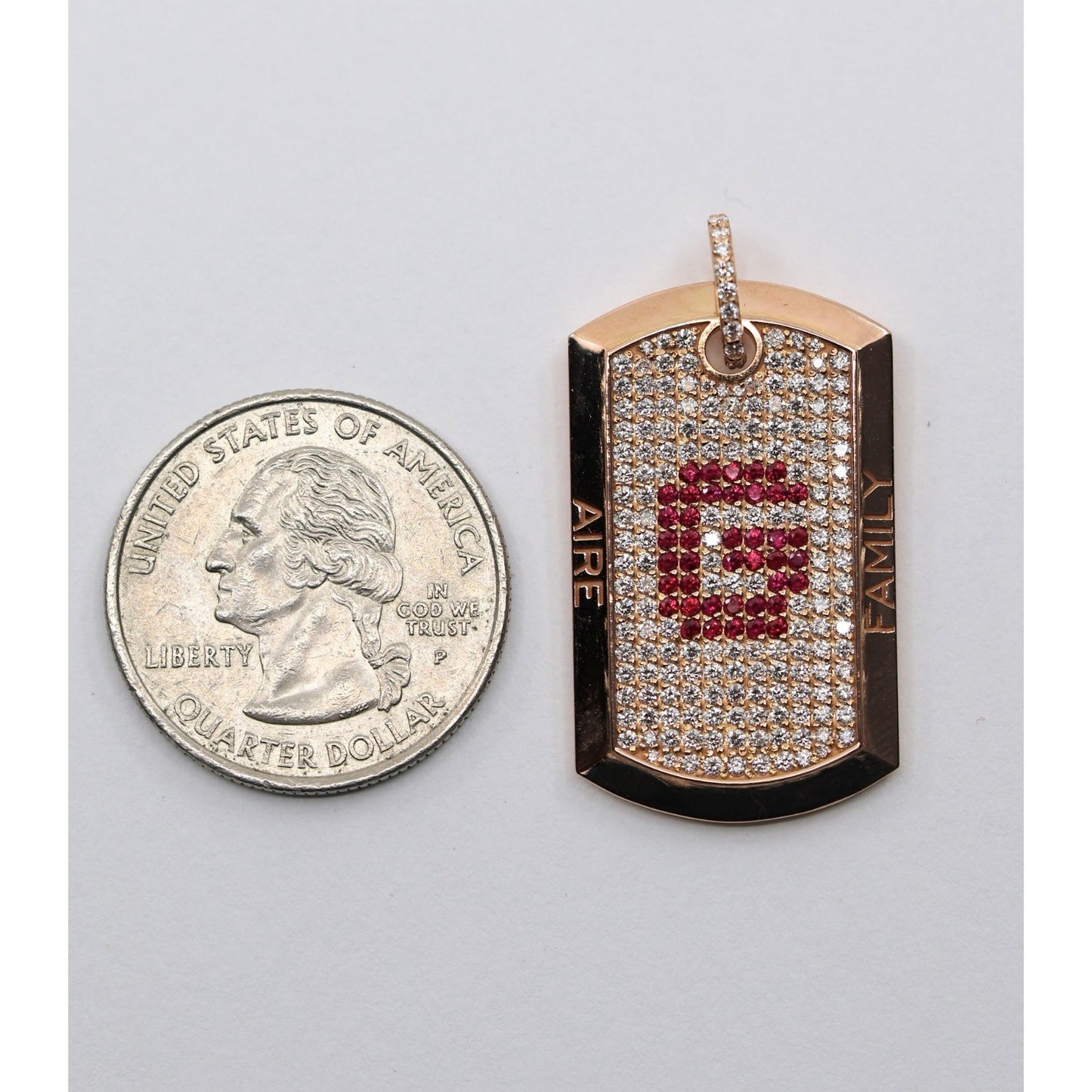 Chris Aire 18K Red Rose Gold Diamond & Ruby " G " Dog Tag Pendant 0.85ct 16.8g