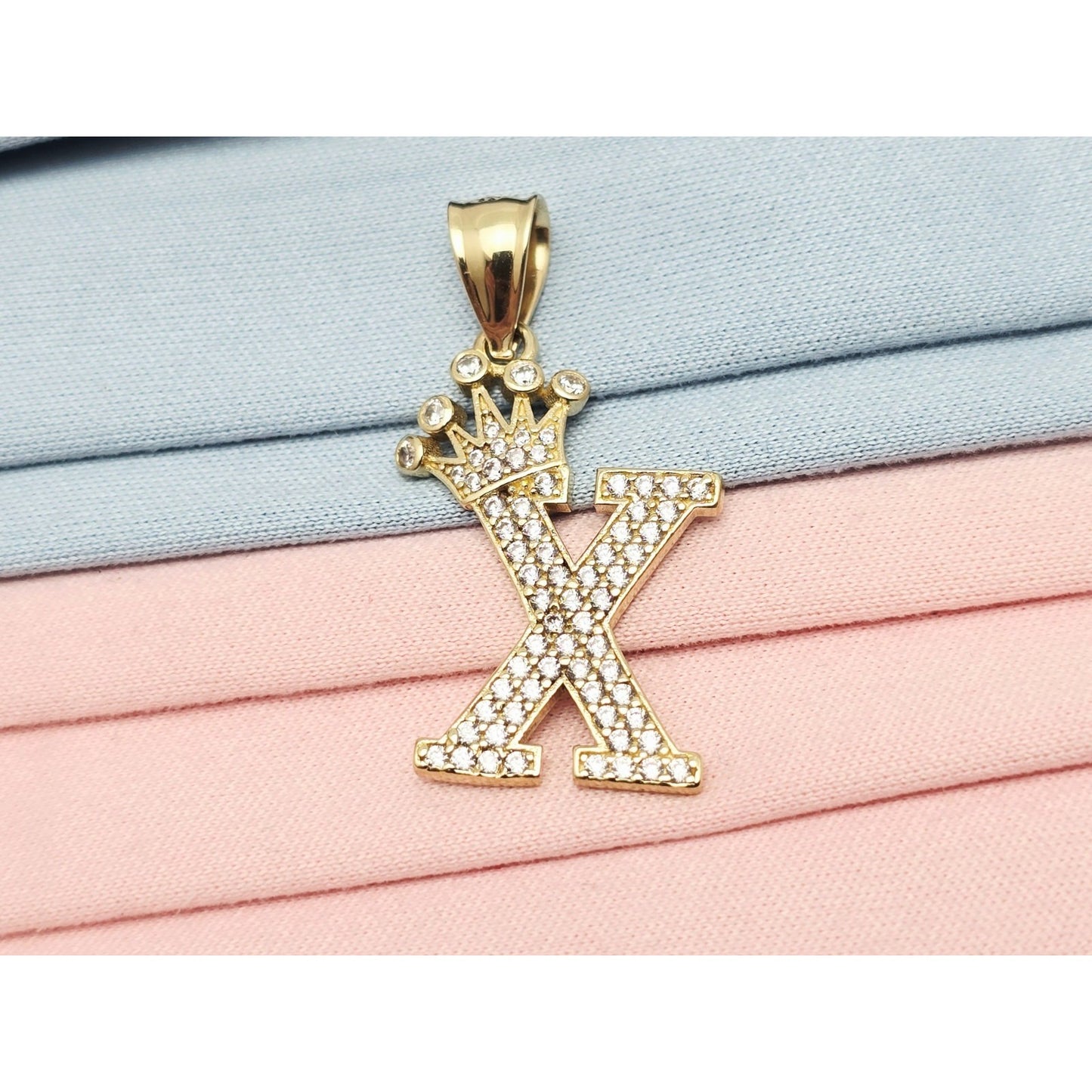 10K Solid Yellow Gold Initial " X " Crown CZ Charm Pendant