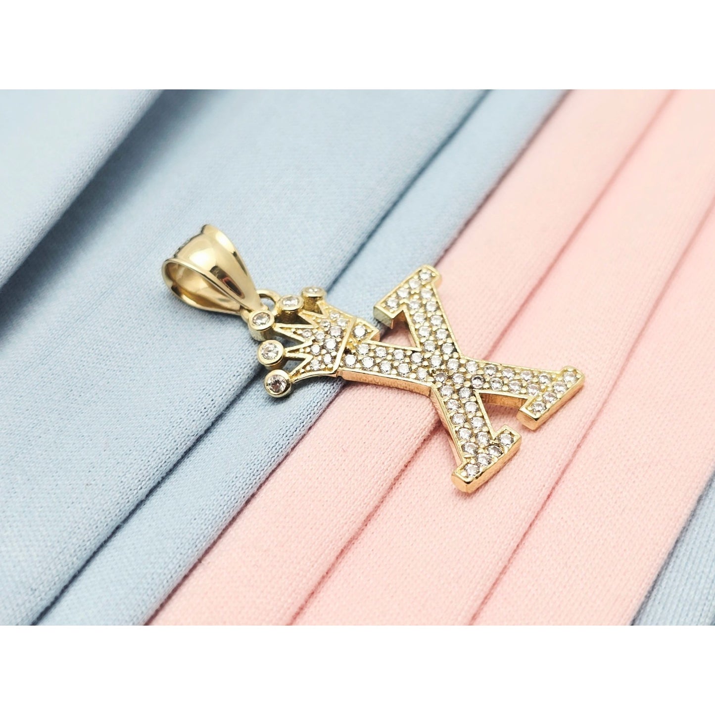 10K Solid Yellow Gold Initial " X " Crown CZ Charm Pendant