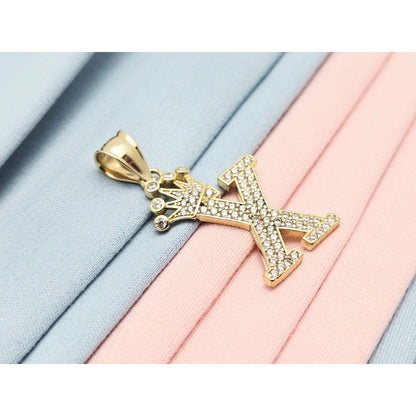 10K Solid Yellow Gold Initial " X " Crown CZ Charm Pendant