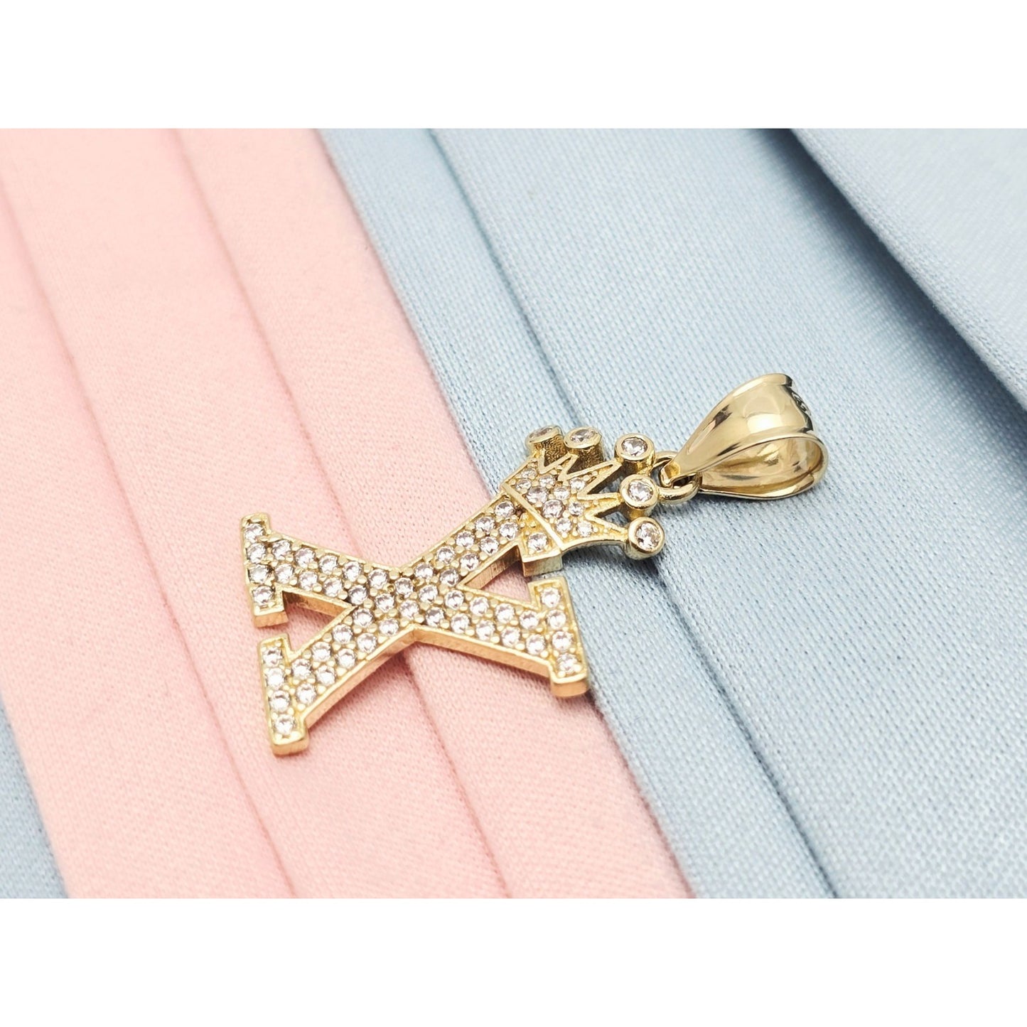 10K Solid Yellow Gold Initial " X " Crown CZ Charm Pendant
