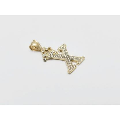 10K Solid Yellow Gold Initial " X " Crown CZ Charm Pendant