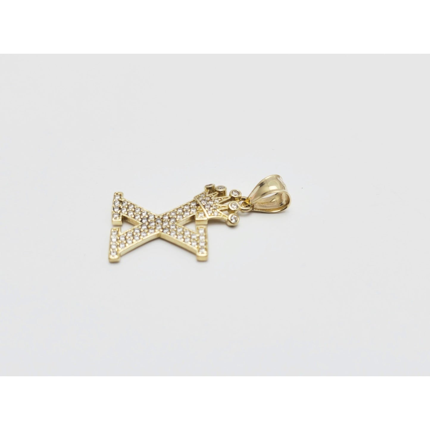 10K Solid Yellow Gold Initial " X " Crown CZ Charm Pendant