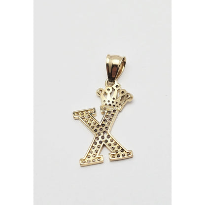 10K Solid Yellow Gold Initial " X " Crown CZ Charm Pendant