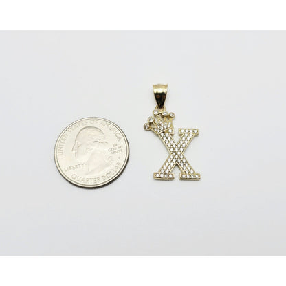10K Solid Yellow Gold Initial " X " Crown CZ Charm Pendant