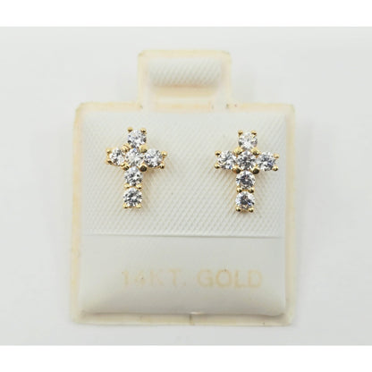 Tiny 14K Yellow Gold Cross Shaped CZ Stud Earrings