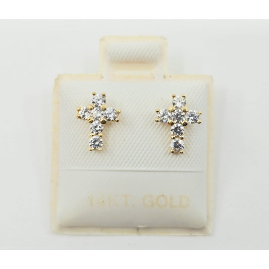 Tiny 14K Yellow Gold Cross Shaped CZ Stud Earrings