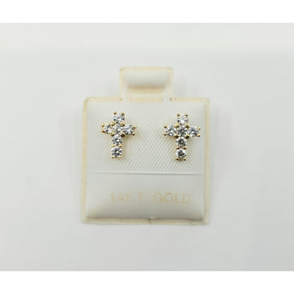 Tiny 14K Yellow Gold Cross Shaped CZ Stud Earrings