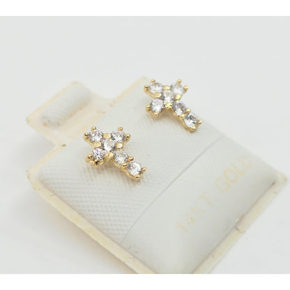 Tiny 14K Yellow Gold Cross Shaped CZ Stud Earrings