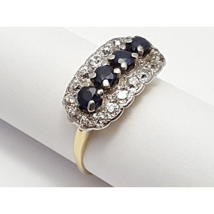 Vintage 14K Two Tone Gold Round Cut Sapphire & Diamond Ring