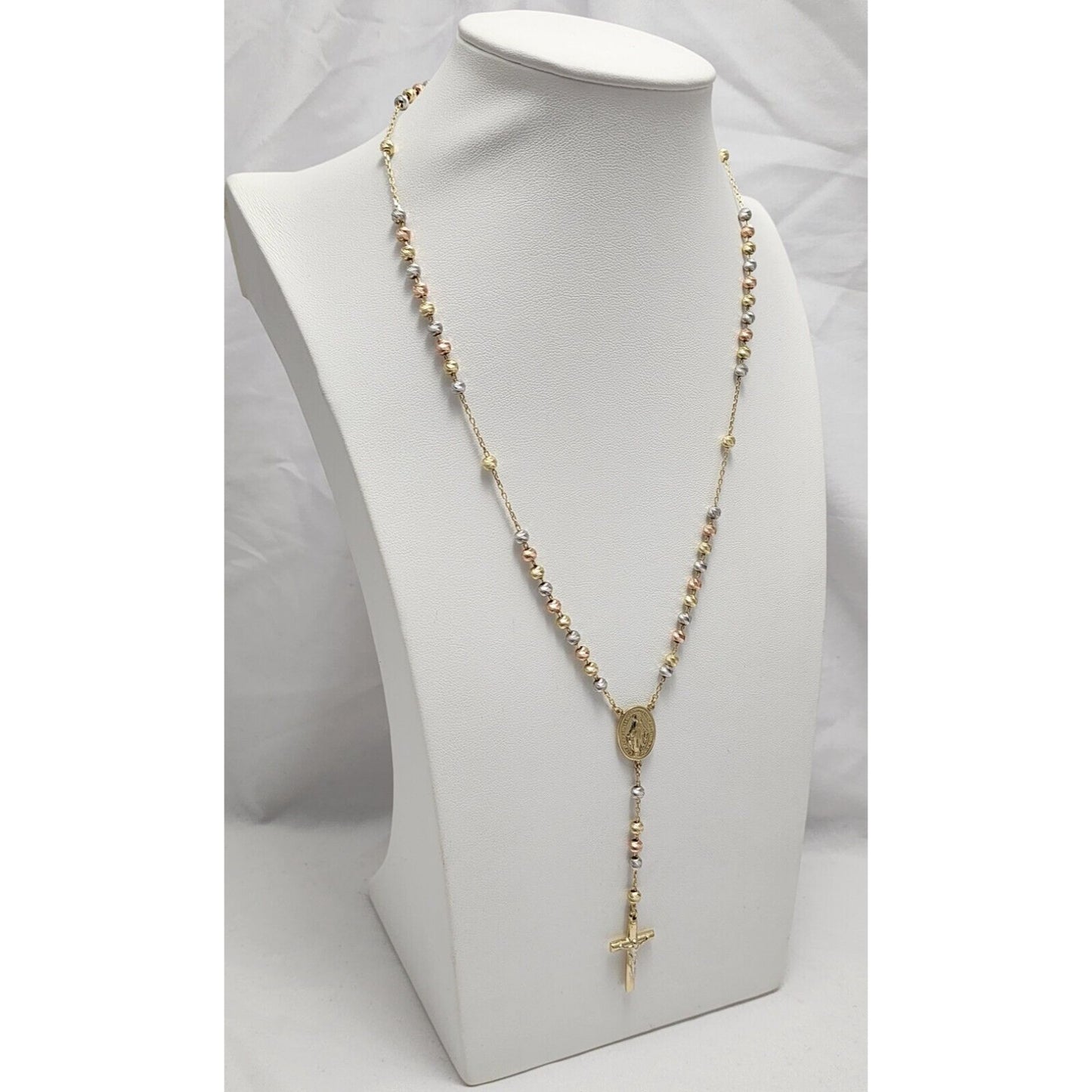 14K Tri Tone Gold Bead Ball Rosary Cross Link Chain Necklace