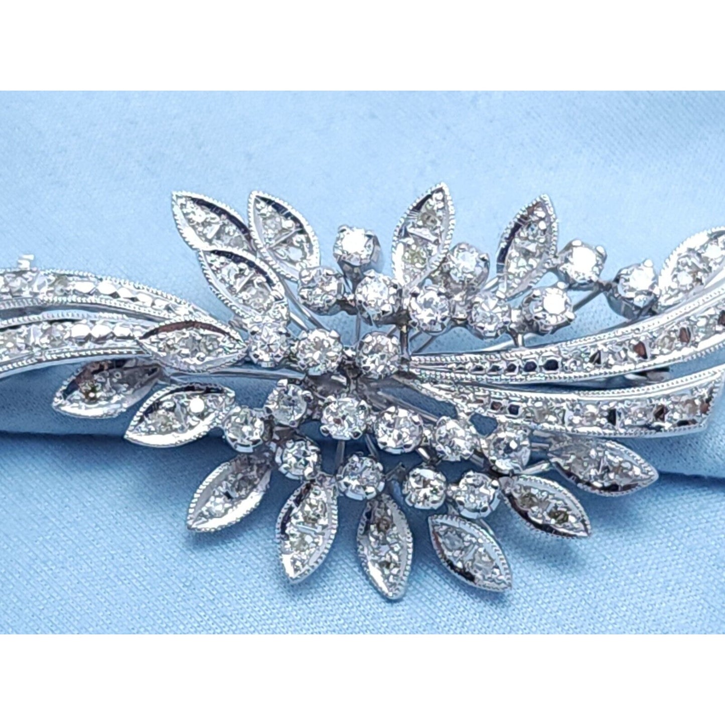 Vintage 10K White Gold Flowers Leaf Old Cut Diamond Brooch Pin