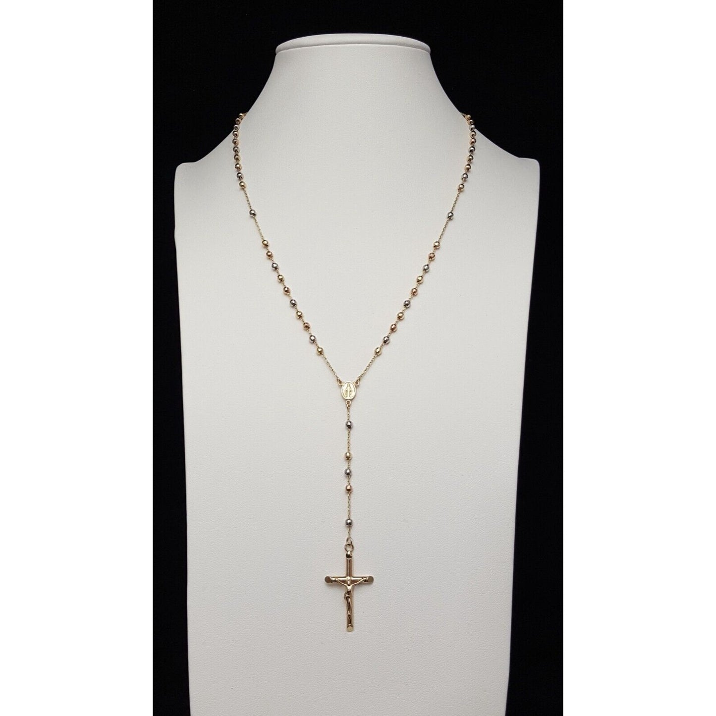 14K Tri Tone Gold Religious Rosary Cross Link Chain Necklace