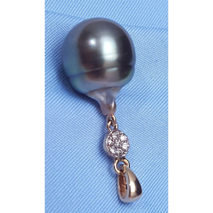 14K Solid Yellow Gold Drop Dangle Tahitian Pearl & Diamond Charm Pendant