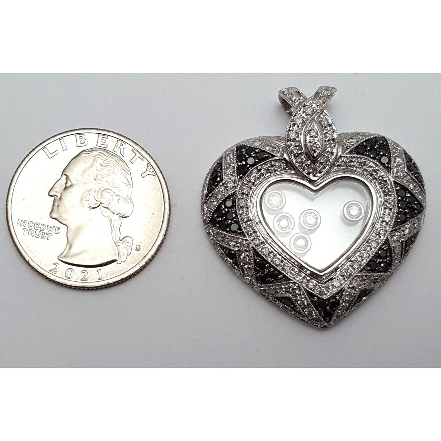 18K Solid White Gold Ladies Moving Diamond Heart Charm Pendant