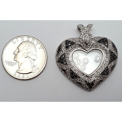 18K Solid White Gold Ladies Moving Diamond Heart Charm Pendant