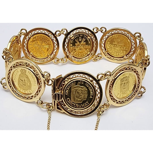 18K Yellow Gold Caciques De Venezuela 21K Gold Coin Link Bracelet